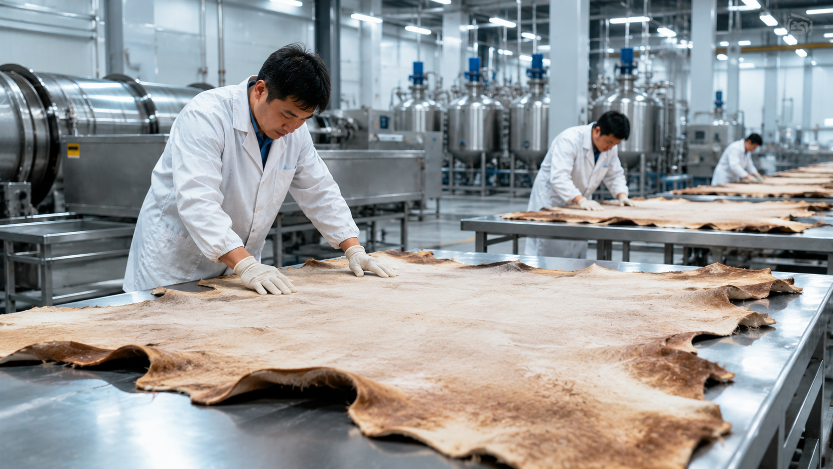 Workers handling raw leather hides in a modern tannery facility